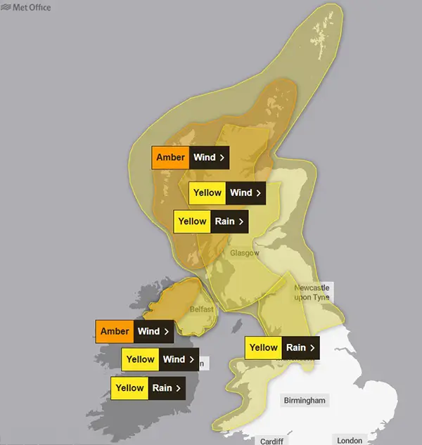 Storm Amy weather warning map