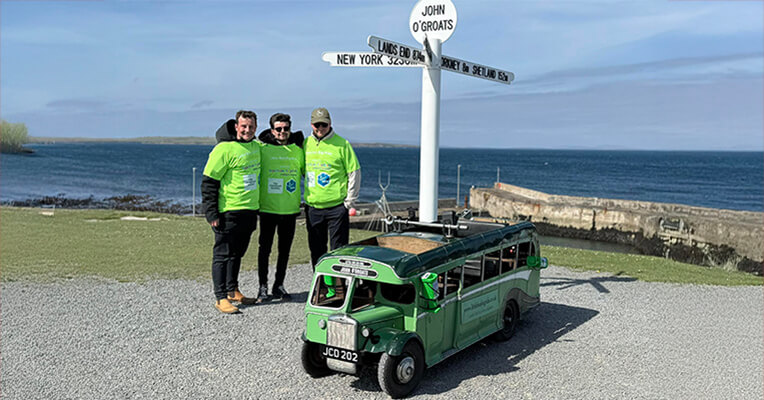 Three Roofers Complete Epic 1,000-mile Charity Little Bus Big Ride|Three Roofers Complete Epic 1,000-mile Charity Little Bus Big Ride|The Emerton brothers onboard their bus as they arrive in Nantwich, Cheshire on Easter Sunday