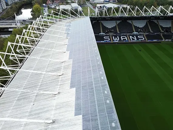 Brett Martin Marlon CS corrugated polycarbonate sheets installed on roof of Swansea Stadium