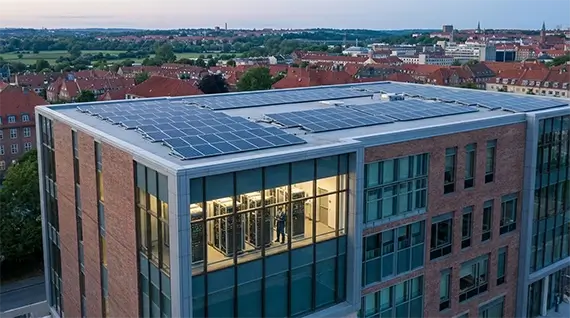 Roof of a commercial building covered in solar panels