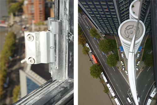 The window latch and aerial view of street from top of development