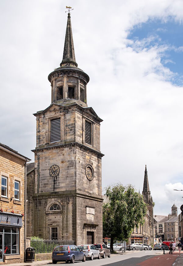 Close up of tower and spire at St John the Evangelist Church in Lancaster