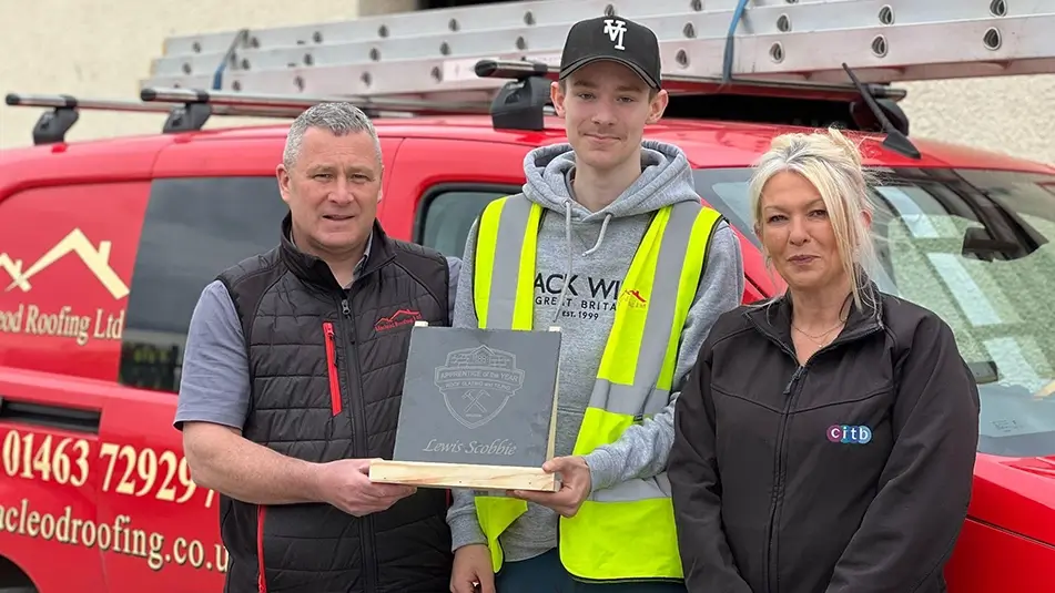 Alan Campbell, Operations Manager at Macleod Roofing, with Apprentice of the Year winner Lewis Scobbie and Gillian McKenzie, Apprenticeship Development Officer at CITB