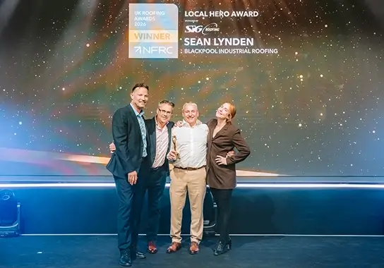 Dan Anstey, SIG Roofing Divisional MD North, George King, SIG Roofing Divisional MD South, Sean Lyden, Blackpool Industrial Roofing & Sara Barron, Comedian and host for the awards event