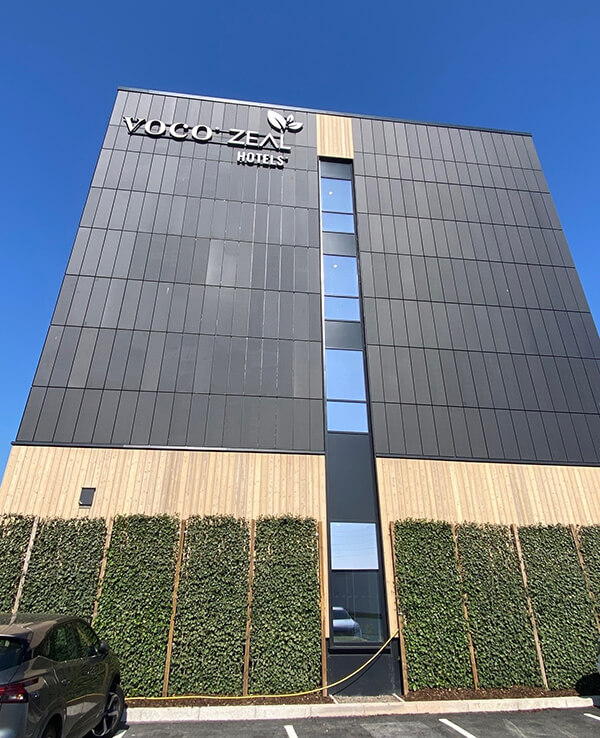 Solar cladding facade on the new net zero Zeal Hotel