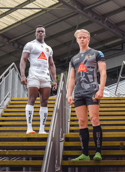 Paul Brown, Wing, in the away kit and Josh Hodge, Wing Fullback, in the home kit