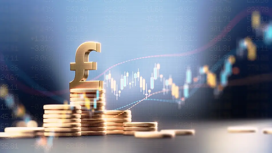 Pound sign against financial chart graphic