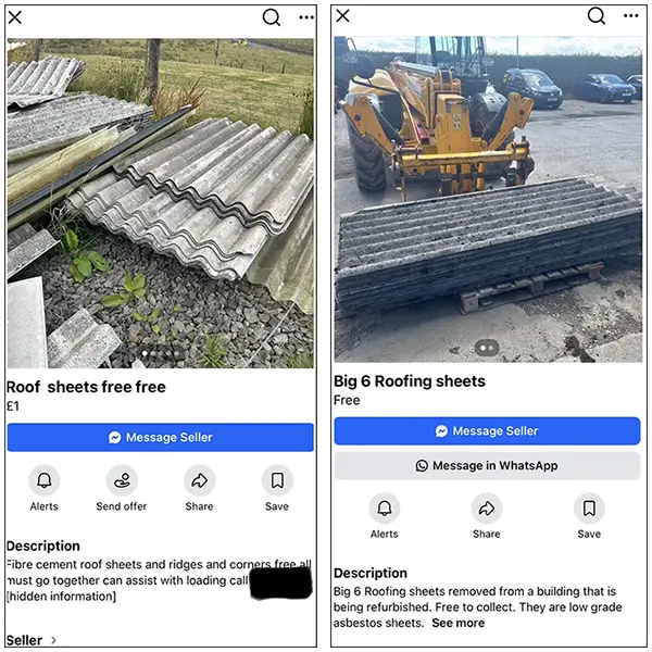 Screenshots of the deadly roof sheet freebies being sold on Facebook Marketplace