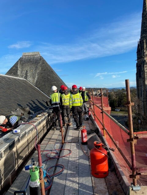 Students on roof at Kirkcaldy visit
