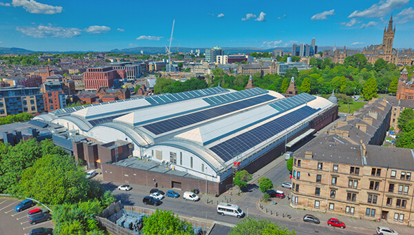 The new solar panels installed on the distinctive barrel-shaped roof on Kelvin Hall